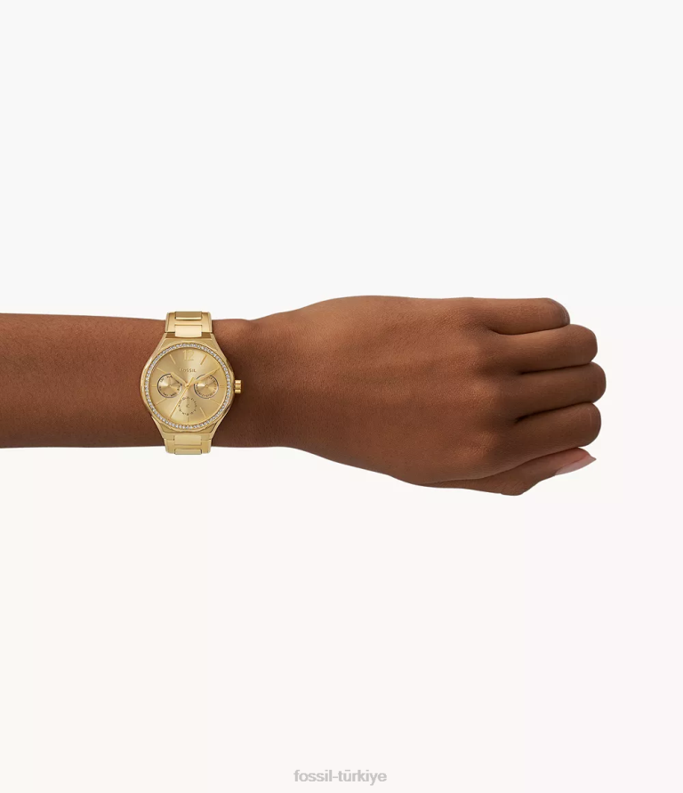 Fossil 6J04230 altın Eevie çok fonksiyonlu paslanmaz çelik saat kol saati kadınlar