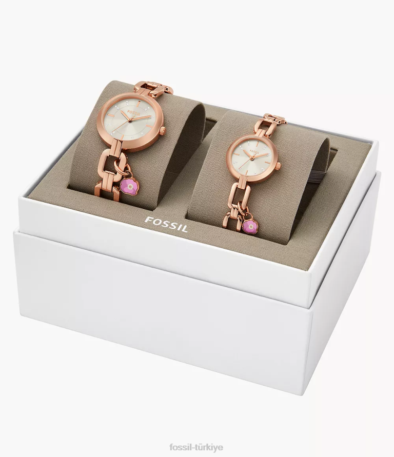 Fossil 6J04234 gül altın tonu Kerrigan üç ibreli paslanmaz çelik saat seti kol saati kadınlar