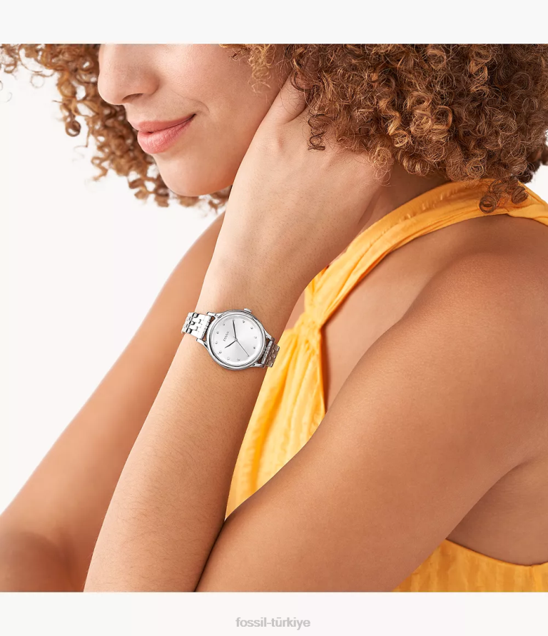 Fossil 6J04247 gümüş ton Laney üç ibreli paslanmaz çelik saat kol saati kadınlar