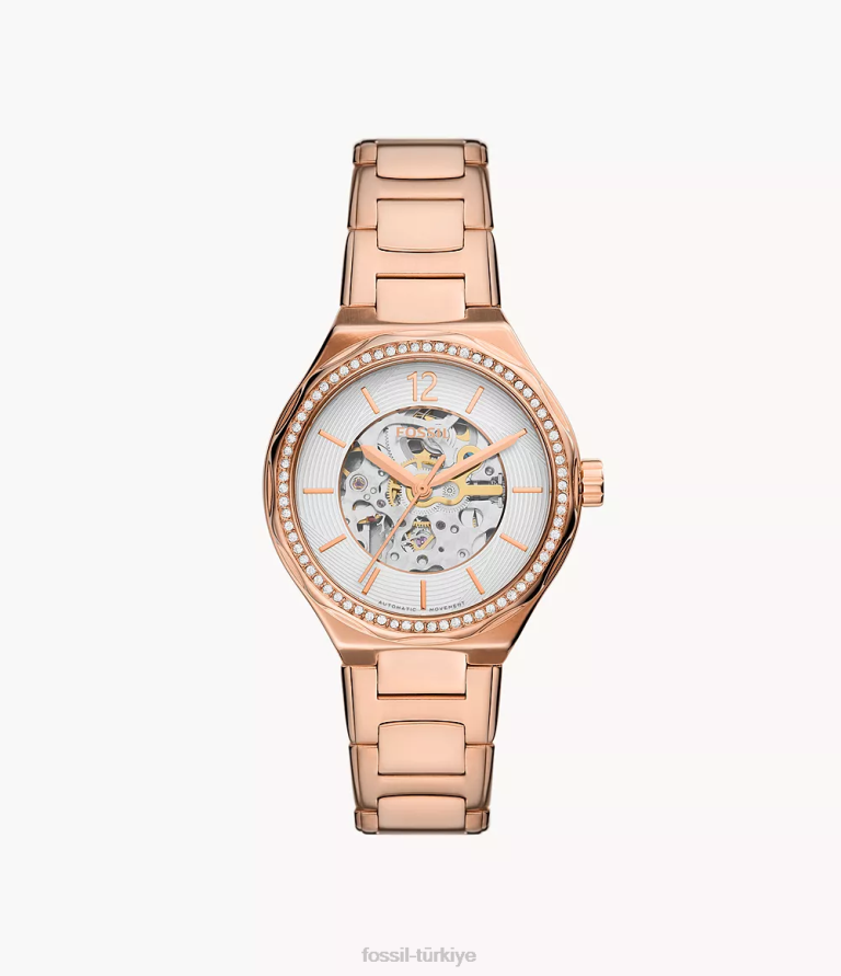 Fossil 6J04253 gül altın tonu eevie otomatik paslanmaz çelik saat kol saati kadınlar