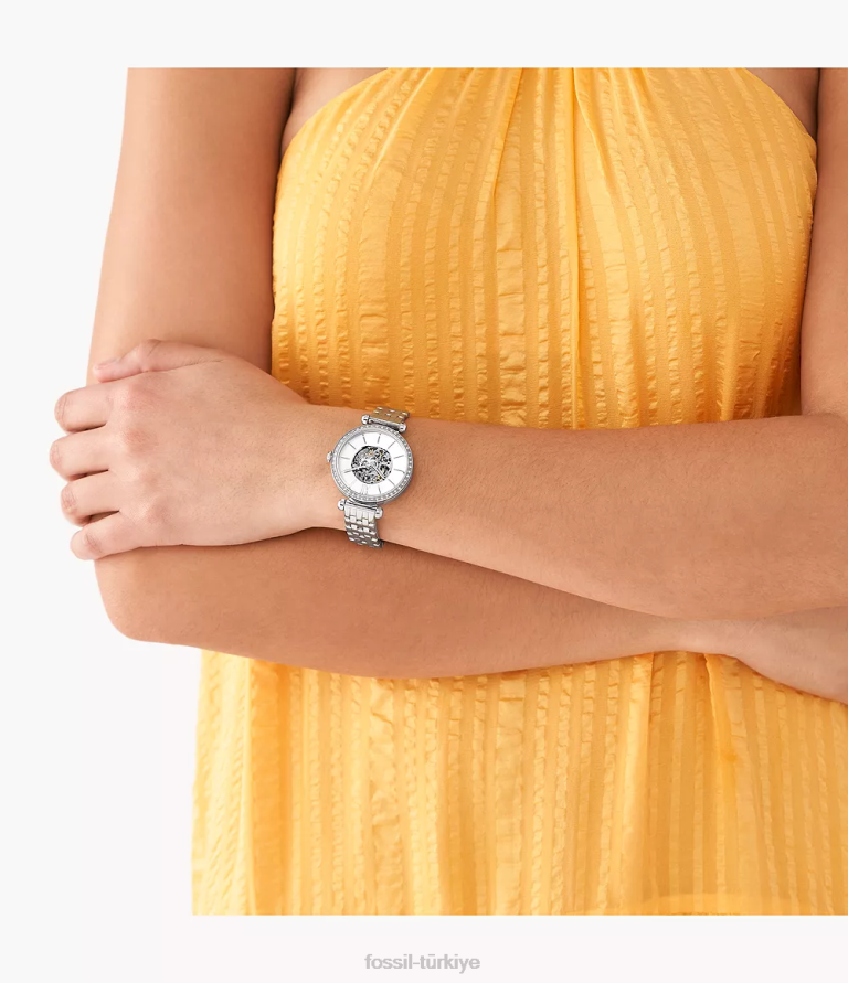 Fossil 6J04273 gümüş ton Tillie otomatik paslanmaz çelik saat kol saati kadınlar