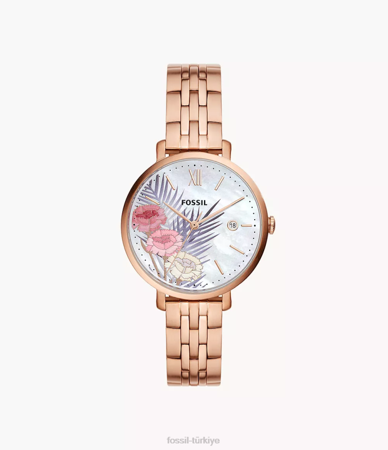 Fossil 6J0443 gül altın tonu Jacqueline üç ibreli paslanmaz çelik saat kol saati kadınlar