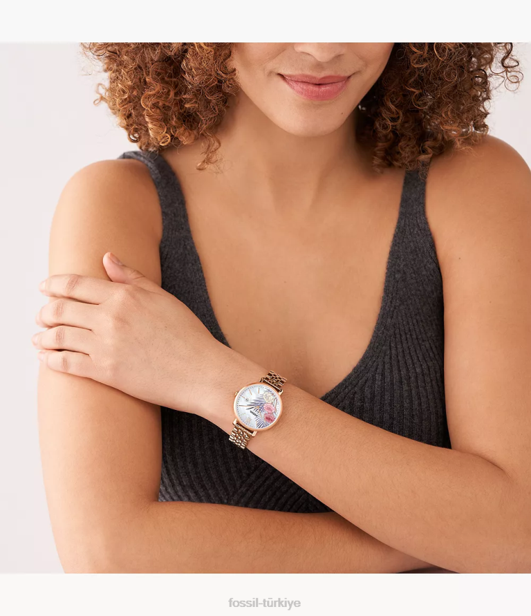 Fossil 6J0443 gül altın tonu Jacqueline üç ibreli paslanmaz çelik saat kol saati kadınlar
