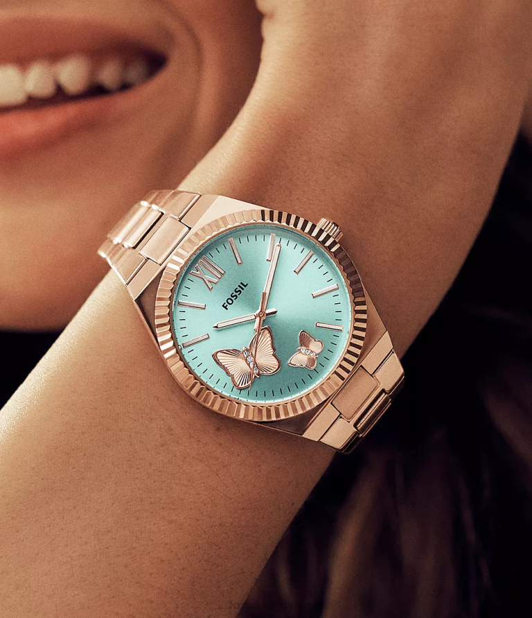 Fossil 6J0447 gül altın tonu Scarlette üç ibreli paslanmaz çelik saat kol saati kadınlar