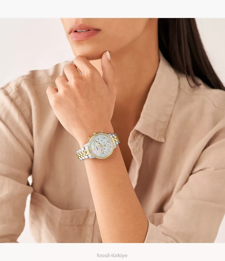 Fossil 6J0454 iki ton nötr kronograf paslanmaz çelik saat kol saati kadınlar