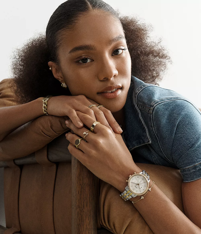 Fossil 6J0454 iki ton nötr kronograf paslanmaz çelik saat kol saati kadınlar