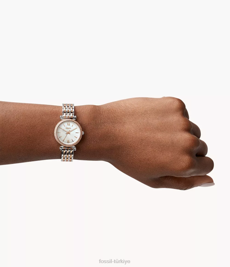 Fossil 6J0474 iki ton carlie mini üç ibreli paslanmaz çelik saat kol saati kadınlar