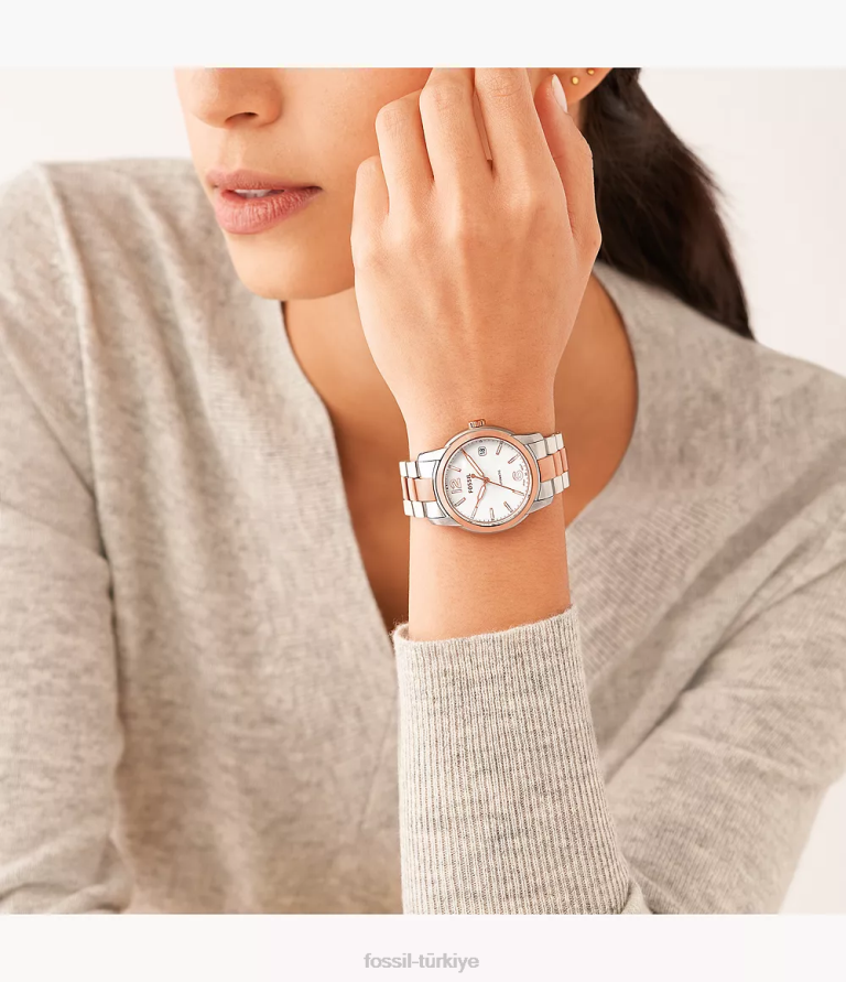 Fossil 6J0475 iki ton miras otomatik paslanmaz çelik saat kol saati kadınlar