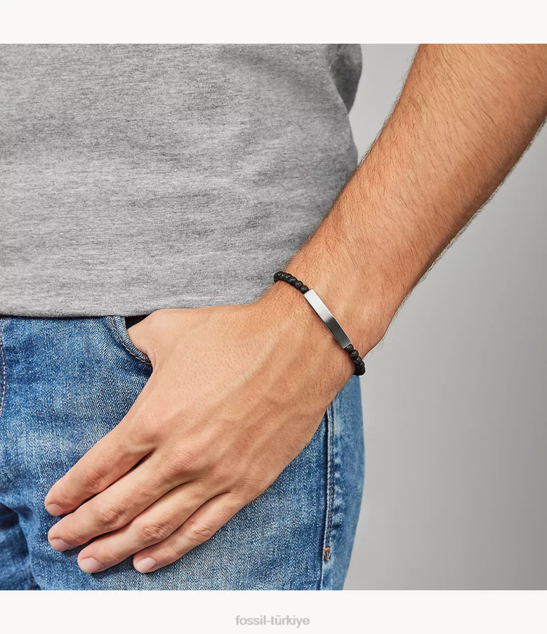 Fossil 6J041848 gümüş ton plak lav taşlı bileklik takı erkekler