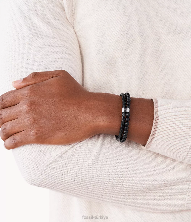 Fossil 6J041859 siyah gümüş vintage gündelik çok sıralı bilezik takı erkekler