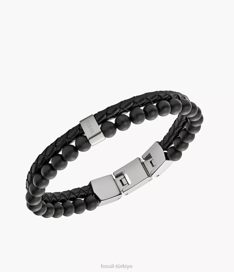 Fossil 6J041859 siyah gümüş vintage gündelik çok sıralı bilezik takı erkekler