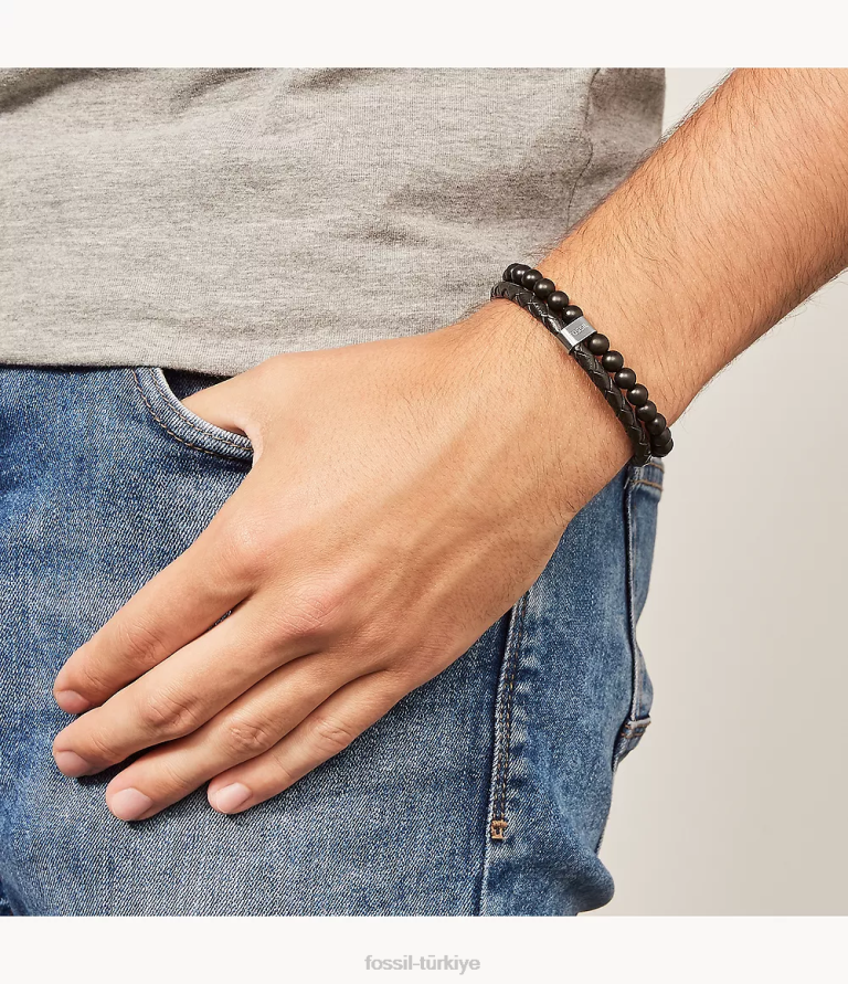 Fossil 6J041859 siyah gümüş vintage gündelik çok sıralı bilezik takı erkekler
