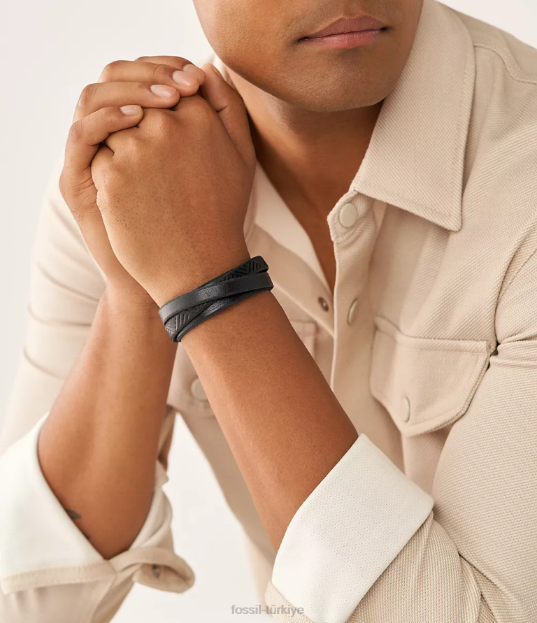 Fossil 6J041861 siyah deri sarma bilezik takı erkekler
