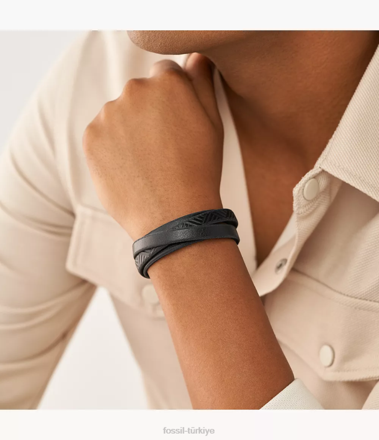 Fossil 6J041861 siyah deri sarma bilezik takı erkekler