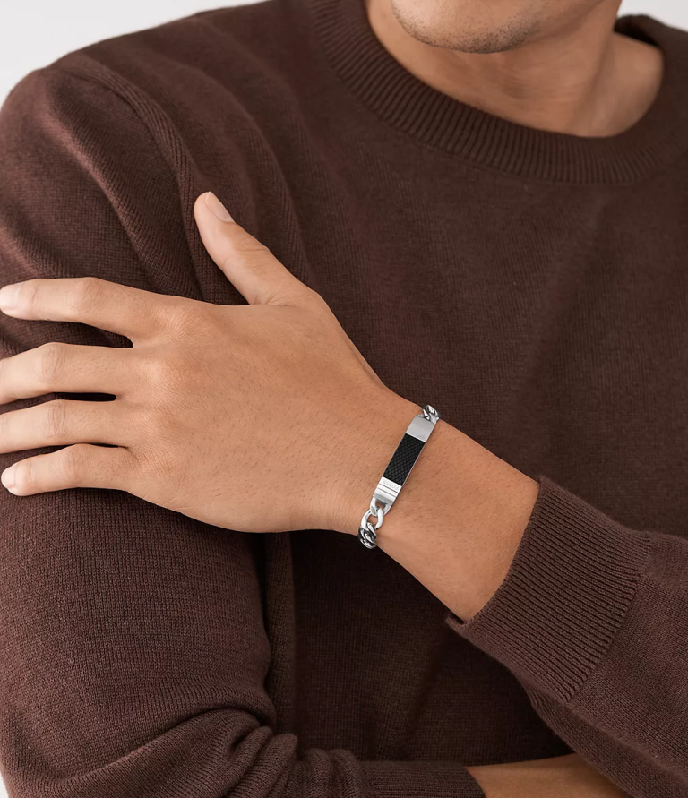 Fossil 6J041864 gümüş ton dokulu plaket paslanmaz çelik zincir bileklik takı erkekler