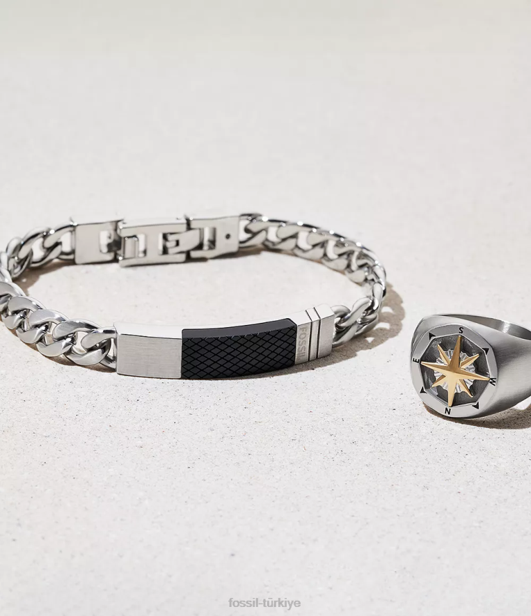 Fossil 6J041864 gümüş ton dokulu plaket paslanmaz çelik zincir bileklik takı erkekler