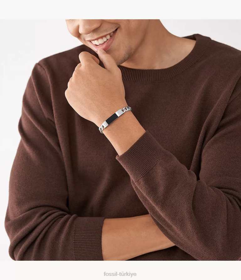 Fossil 6J041864 gümüş ton dokulu plaket paslanmaz çelik zincir bileklik takı erkekler