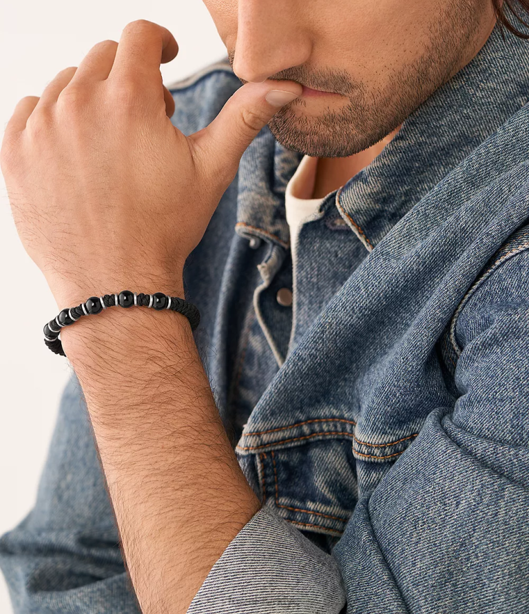 Fossil 6J041867 siyah oniks boncuklu bilezik takı erkekler