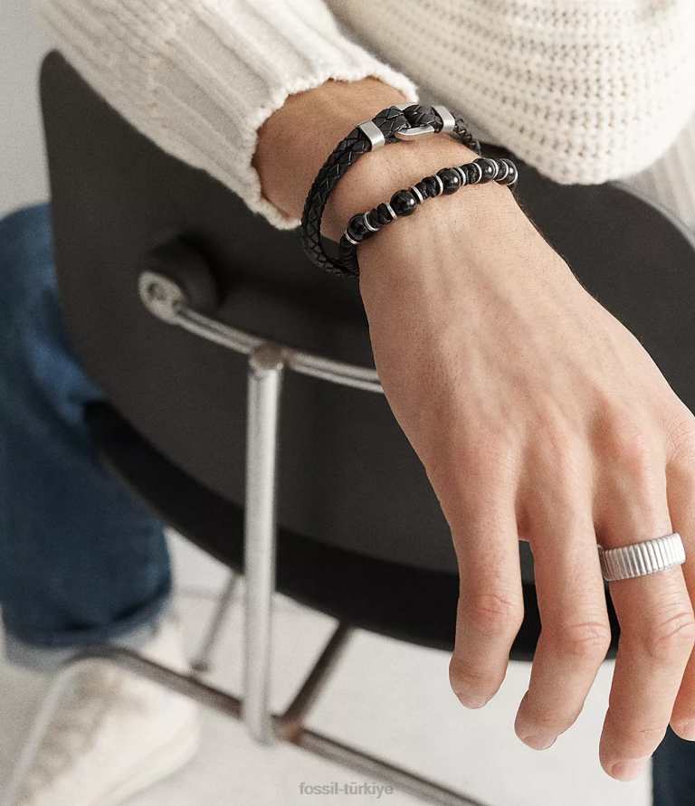 Fossil 6J041867 siyah oniks boncuklu bilezik takı erkekler