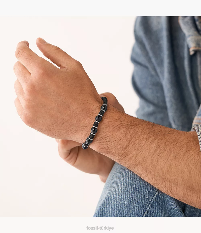 Fossil 6J041867 siyah oniks boncuklu bilezik takı erkekler