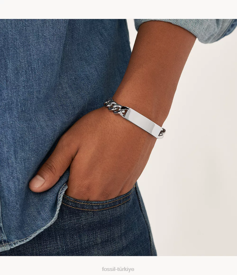 Fossil 6J041873 gümüş ton paslanmaz çelik kimlik bilekliği çektim takı erkekler