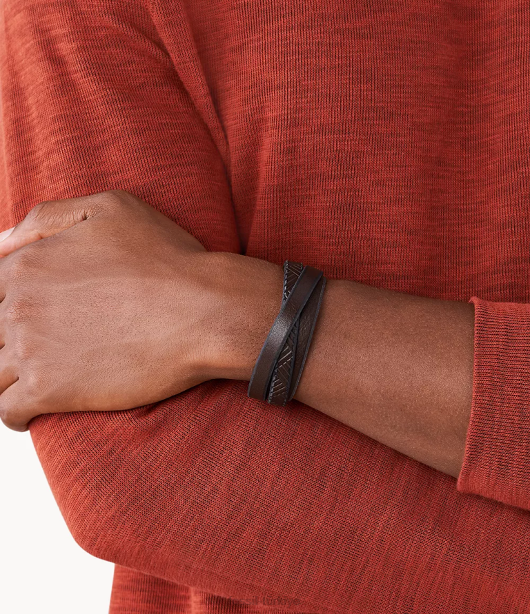 Fossil 6J041876 kahverengi dokulu deri bileklik takı erkekler