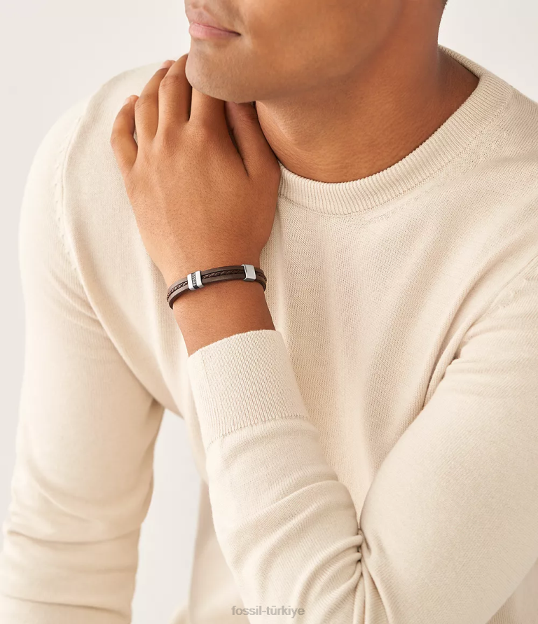 Fossil 6J041880 kahverengi deri essentials deri kayış bilezik takı erkekler