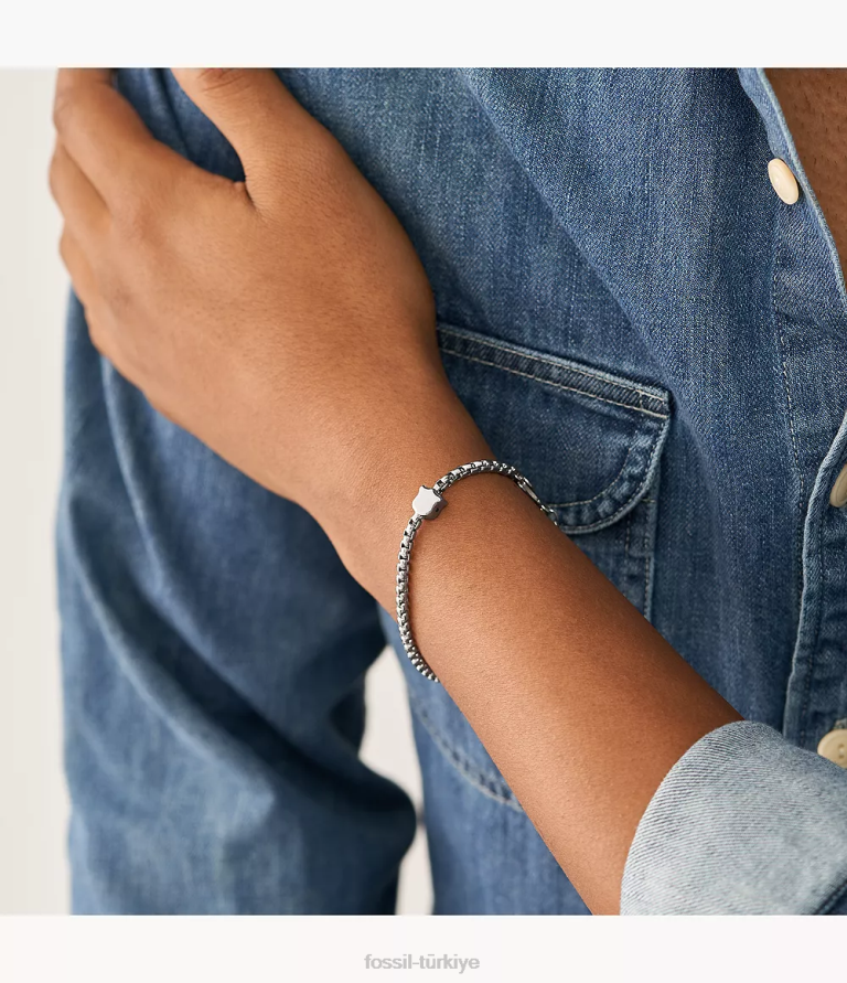 Fossil 6J041896 gümüş ton miras kalkanı paslanmaz çelik zincir bilezik takı erkekler
