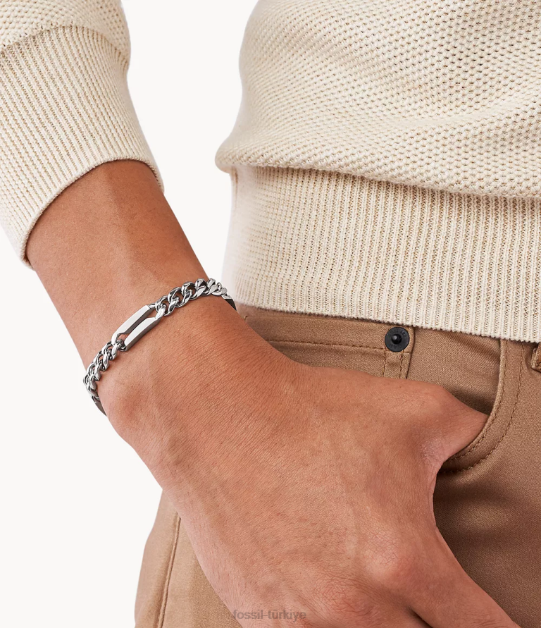 Fossil 6J041899 gümüş ton paslanmaz çelik zincir bilezik takı erkekler
