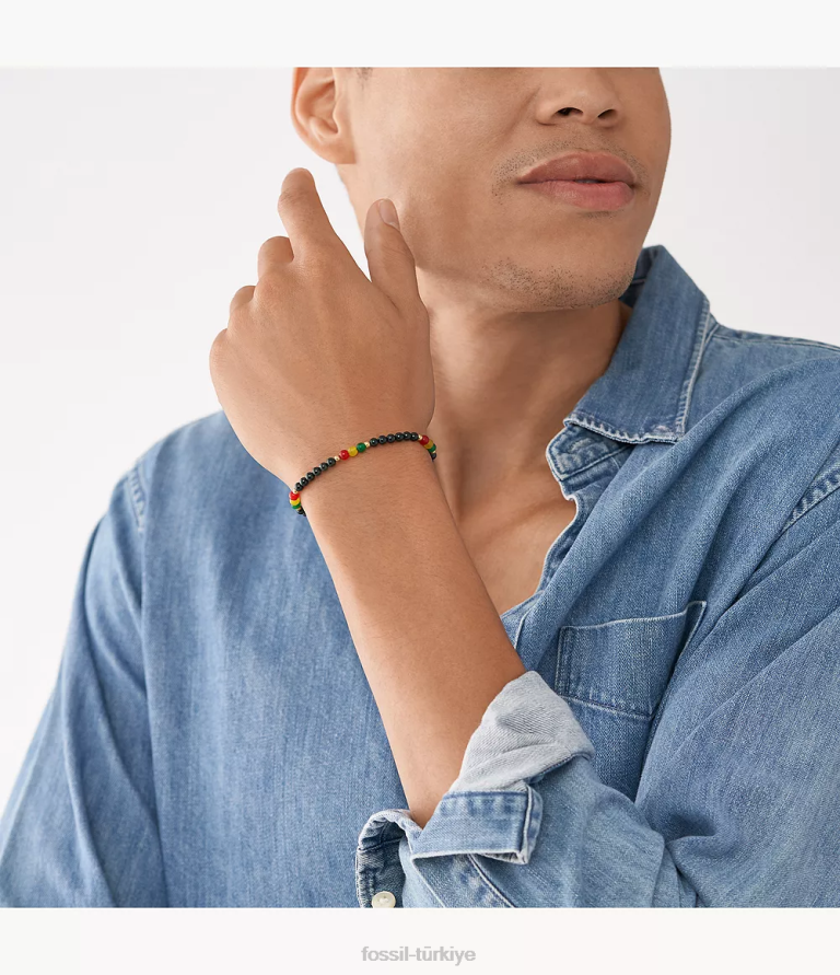 Fossil 6J041942 siyah tarih ayı oniks ve yeşim boncuklu bileklik takı erkekler