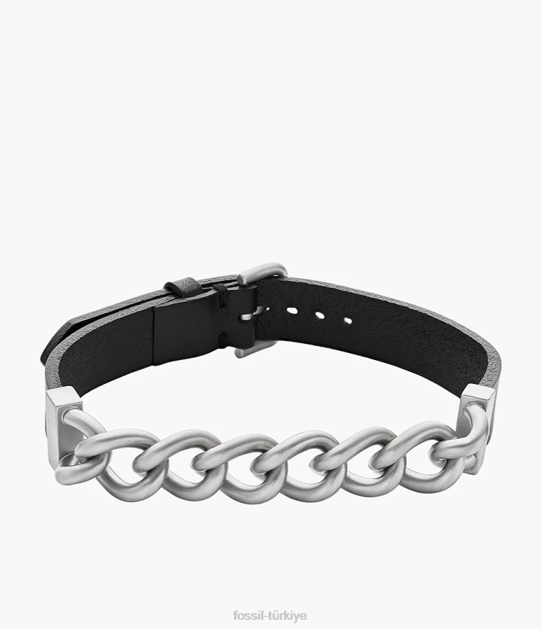 Fossil 6J041946 siyah deri paslanmaz çelik ve bilezik takı erkekler