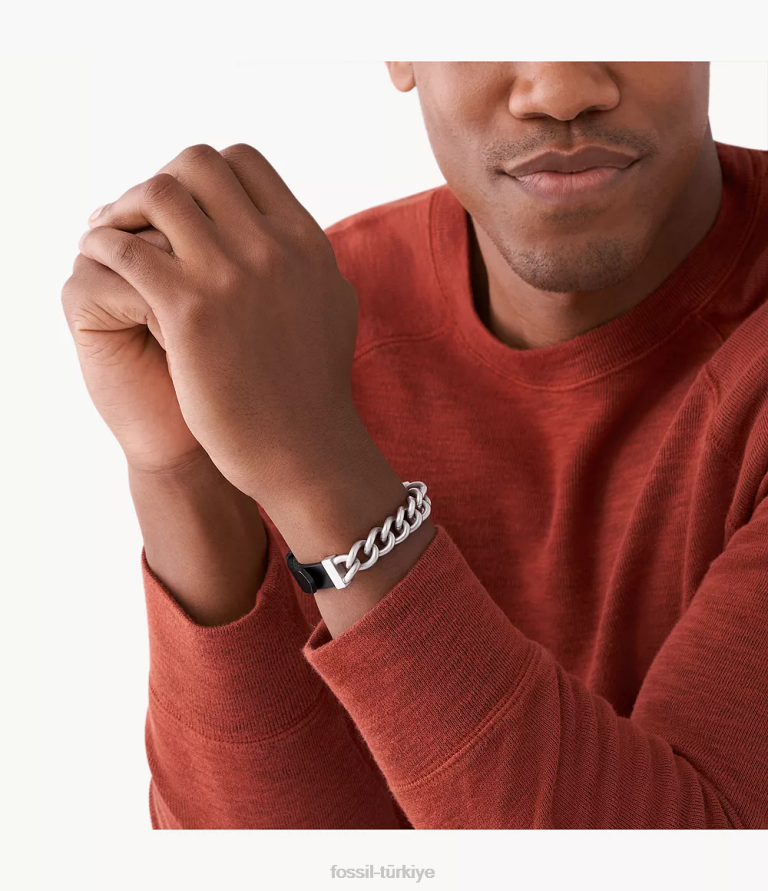 Fossil 6J041946 siyah deri paslanmaz çelik ve bilezik takı erkekler