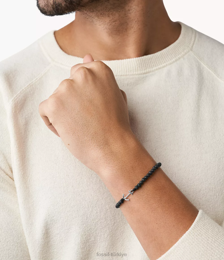 Fossil 6J041949 siyah lav taşlı boncuklu bileklik takı erkekler