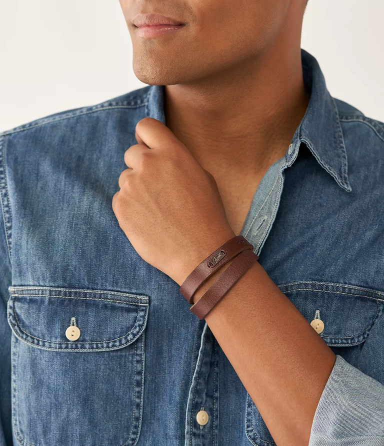 Fossil 6J041959 kahverengi miras çift sarma deri kayış bilezik takı erkekler