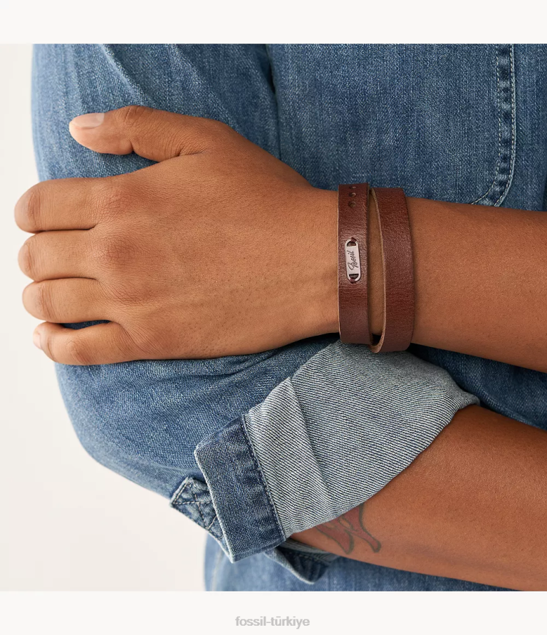 Fossil 6J041959 kahverengi miras çift sarma deri kayış bilezik takı erkekler