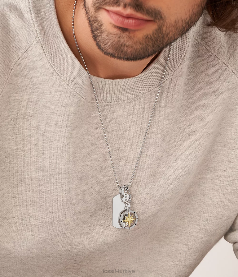 Fossil 6J041902 gümüş ton sutton pusula paslanmaz çelik köpek etiketi kolye takı erkekler
