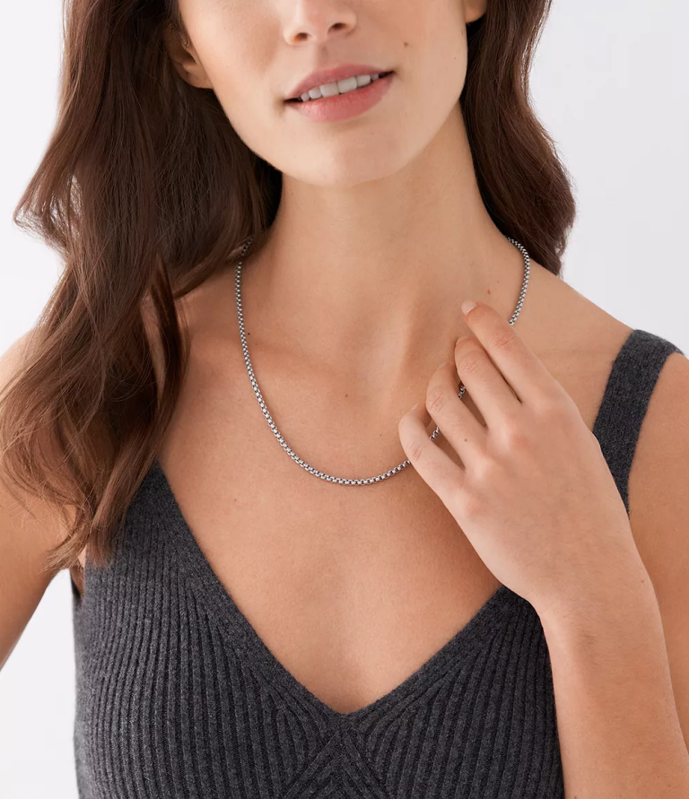 Fossil 6J041906 gümüş ton tamamı yığılmış paslanmaz çelik zincir kolye takı erkekler