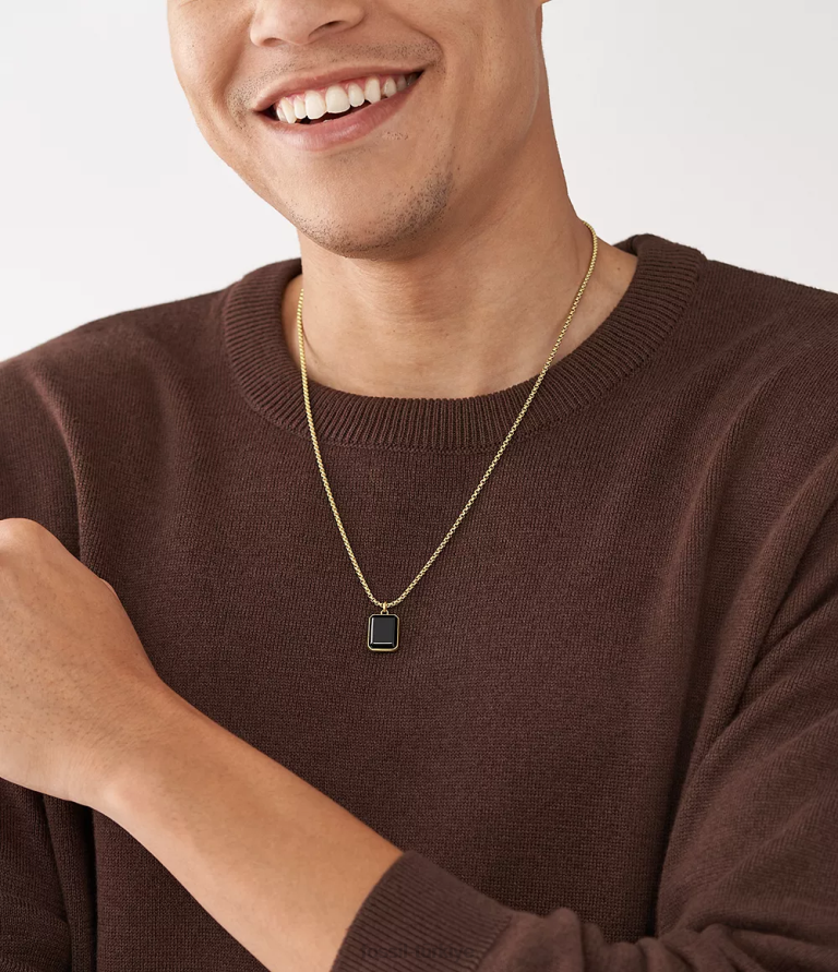 Fossil 6J041912 siyah ve altın rengi oniks zincir kolye takı erkekler