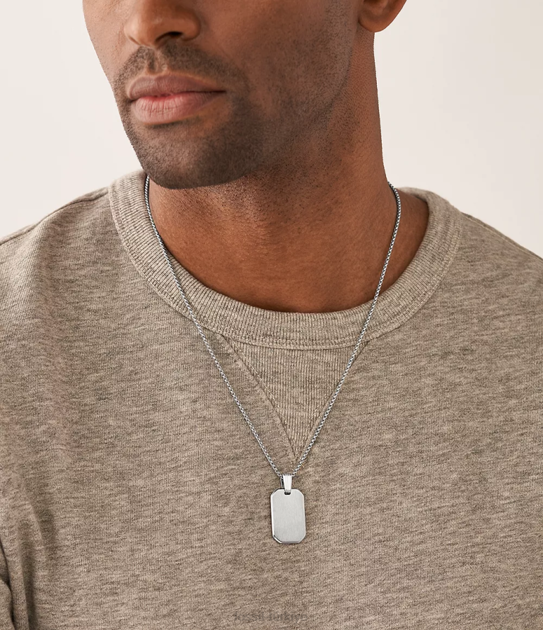 Fossil 6J041914 gümüş ton paslanmaz çelik zincir kolye çekti takı erkekler