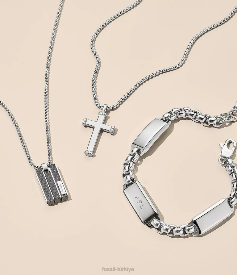 Fossil 6J041916 gümüş ton dokulu plak paslanmaz çelik kolye kolye takı erkekler