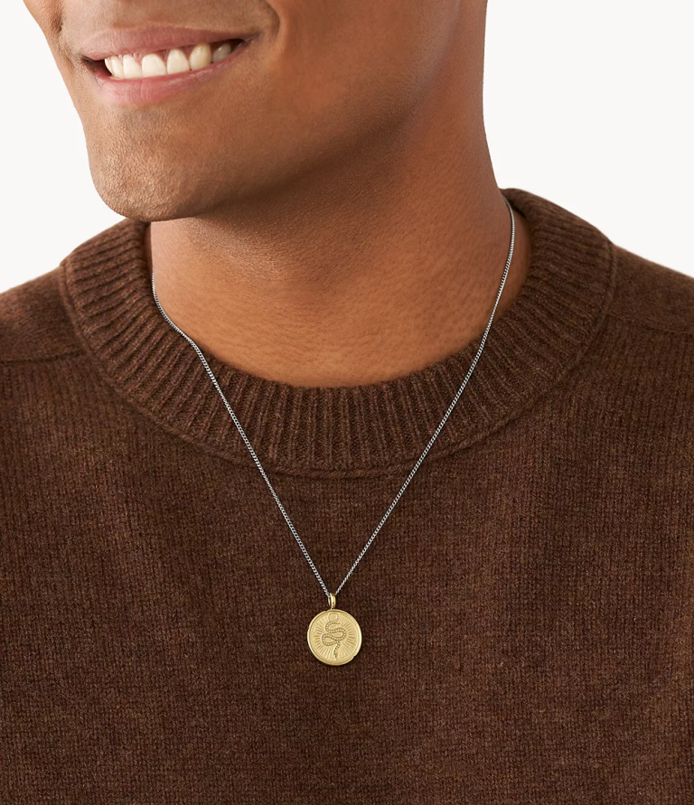 Fossil 6J041950 iki tonlu antika altın ve gümüş sawyer iki tonlu paslanmaz çelik yılan kolye kolye takı erkekler