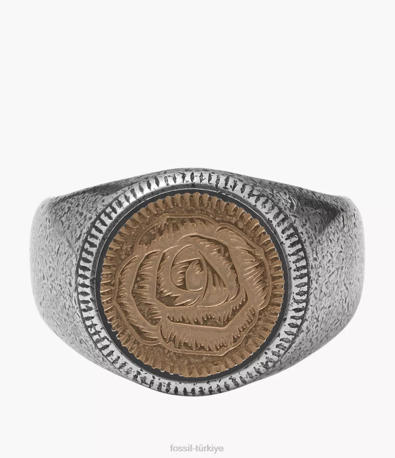 Fossil 6J041944 iki ton paslanmaz çelik mühür yüzüğü takı erkekler