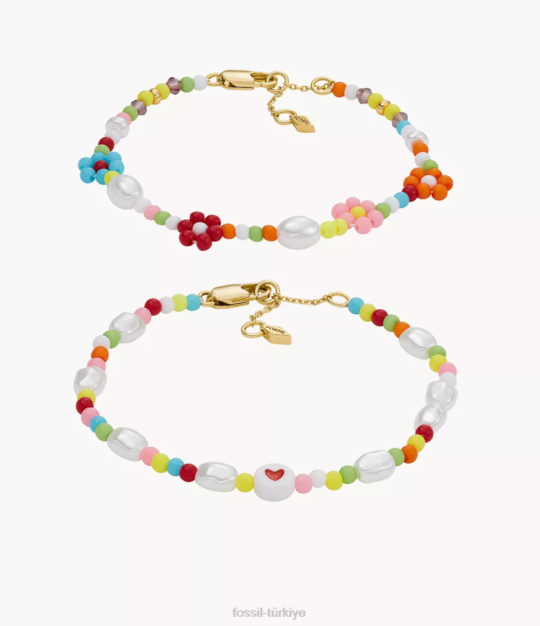 Fossil 6J041133 altın tonu pirinç boncuklu bilezik seti takı kadınlar