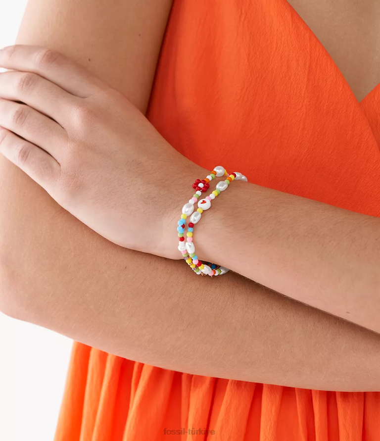 Fossil 6J041133 altın tonu pirinç boncuklu bilezik seti takı kadınlar