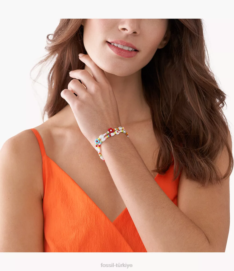 Fossil 6J041133 altın tonu pirinç boncuklu bilezik seti takı kadınlar