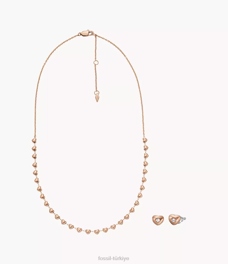 Fossil 6J041145 altın tonu gül rengi paslanmaz çelik kolye ve küpe seti takı kadınlar