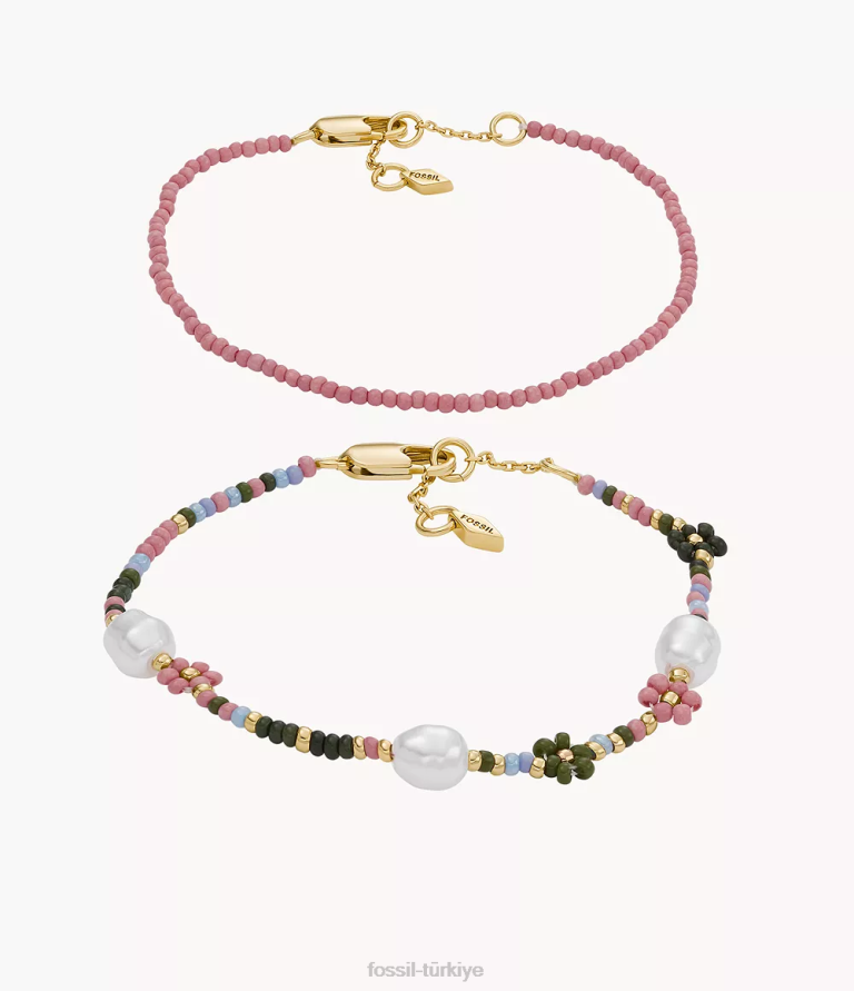 Fossil 6J041149 altın tonu pirinç boncuklu bilezik seti takı kadınlar