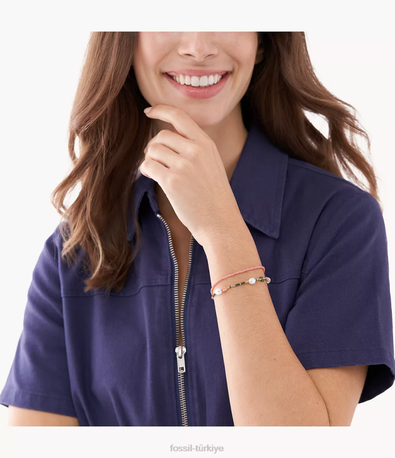 Fossil 6J041149 altın tonu pirinç boncuklu bilezik seti takı kadınlar