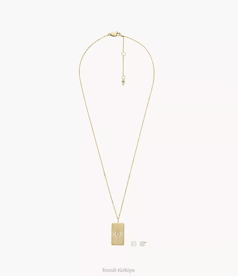 Fossil 6J041218 altın tonu göksel opal sentetik opal kolye ve küpe seti takı kadınlar