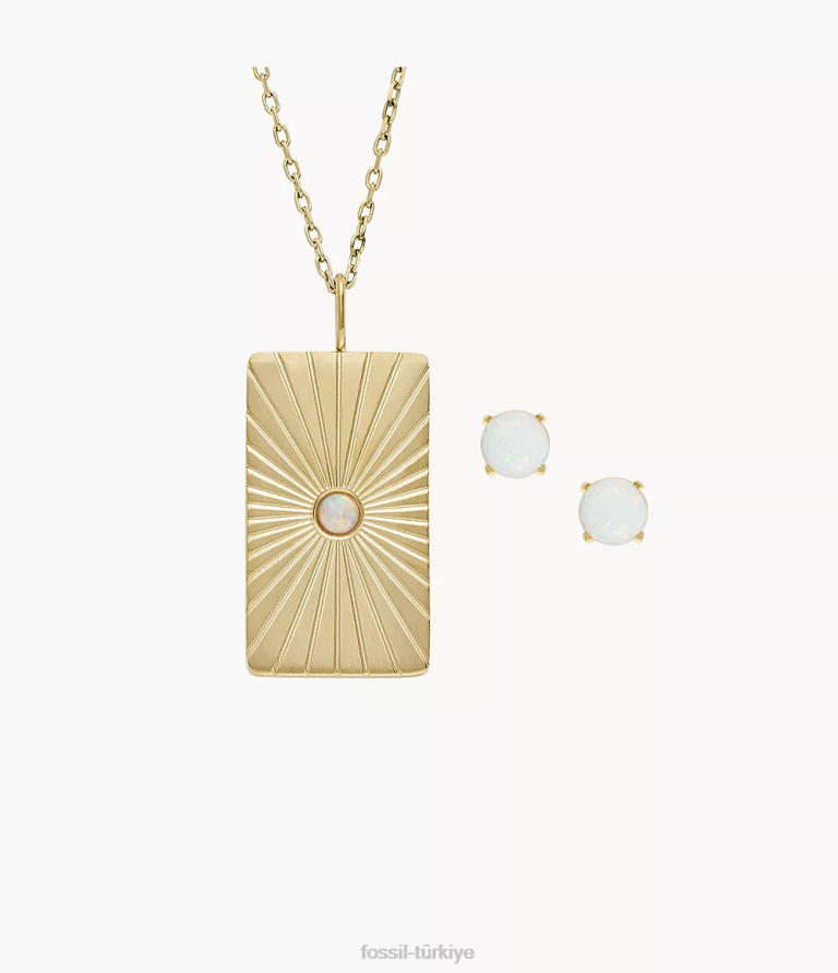 Fossil 6J041218 altın tonu göksel opal sentetik opal kolye ve küpe seti takı kadınlar